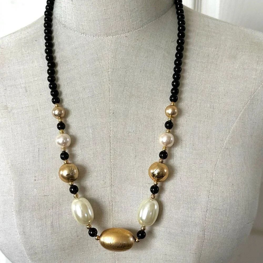 Gold tone faux pearl black beaded long necklace